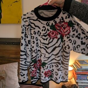 Black and White Animal Print Sweater with Red Roses
